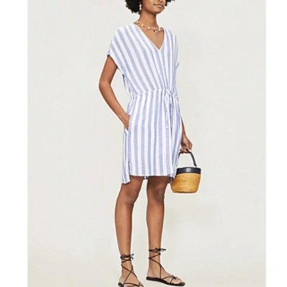 Rails Wren Seattle Linen Blend Blue & White V-Neck Striped Dress Sz Large - Picture 5 of 15